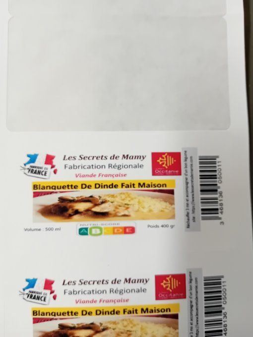BLANQUETTE DE DINDE  pot de 500 ml à la crème FAIT MAISON 