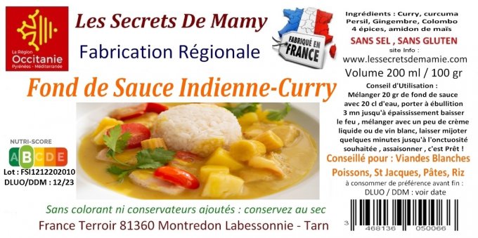 Fond de Sauce Saveurs Curry Indienne 200 ML/100 gr