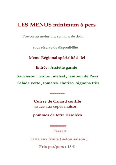 menu régional spécialité d 'ici  pour 6 pers -