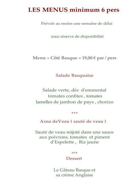 menu régional spécialité  Côté BASQUE pour 6 pers 