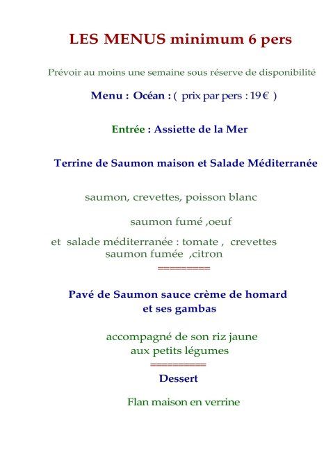 menu OCEAN  pour 6 pers