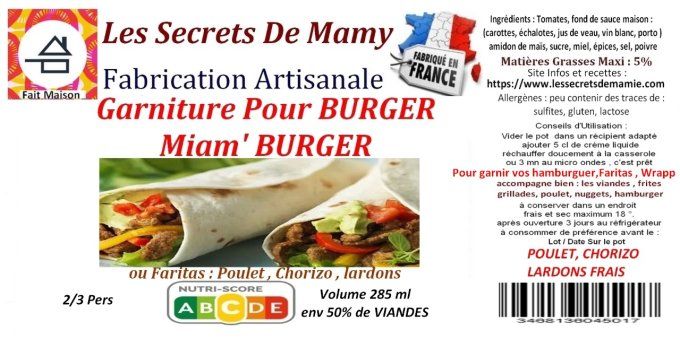 GARNITURE BOEUF BACON LEGUMES POUR BURGUER  6 POTS DE 280 ML   